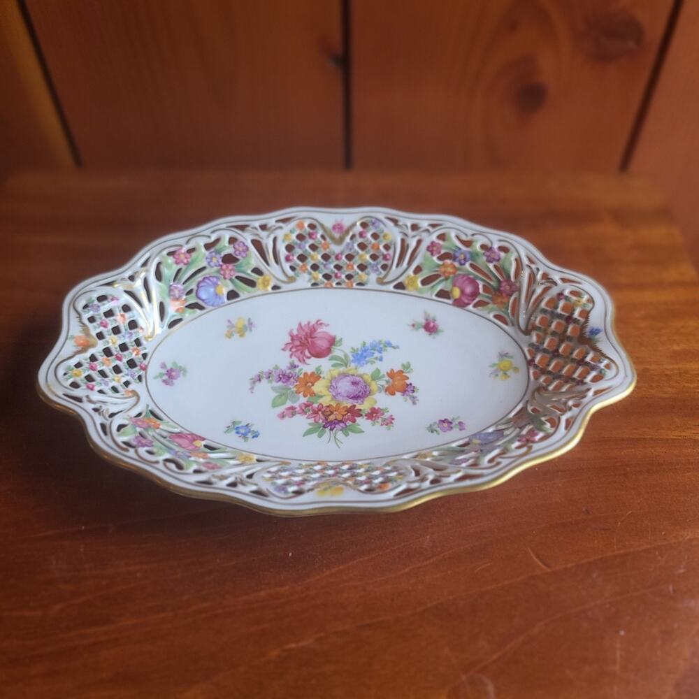 Vintage Schumann Bavaria Dresden Floral Germany Porcelain Dish Floral 10.5"